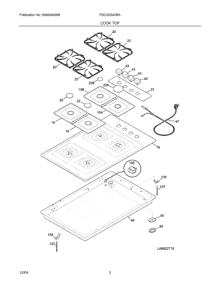 MAINTOP Diagram and Parts List for FGC30S4DBA  Frigidaire Cooktop