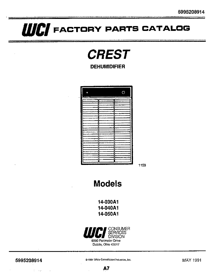 COVER Diagram and Parts List for 14-050A1  Frigidaire Dehumidifier