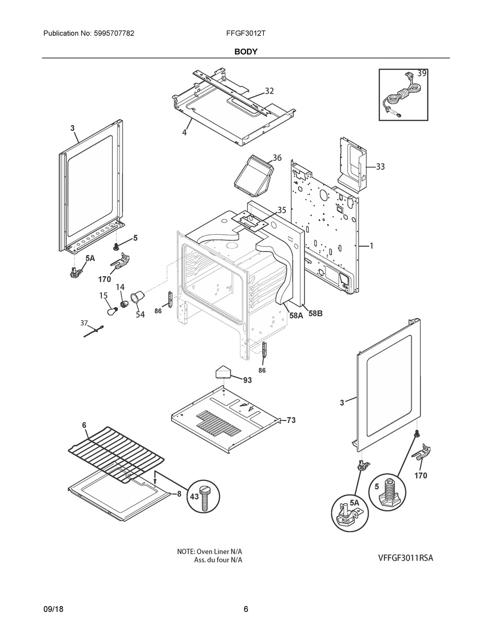 Body Diagram and Parts List for FFGF3012TWB  Frigidaire Range