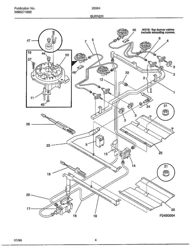 Burner Diagram and Parts List for 285847C  Frigidaire Range