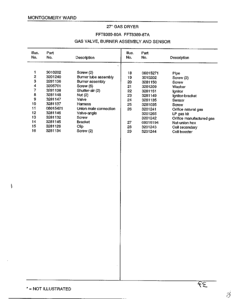 Gas Valve, Burner Assembly And Sensor Page 2 Diagram and Parts List for 8389-80A  Frigidaire Dryer