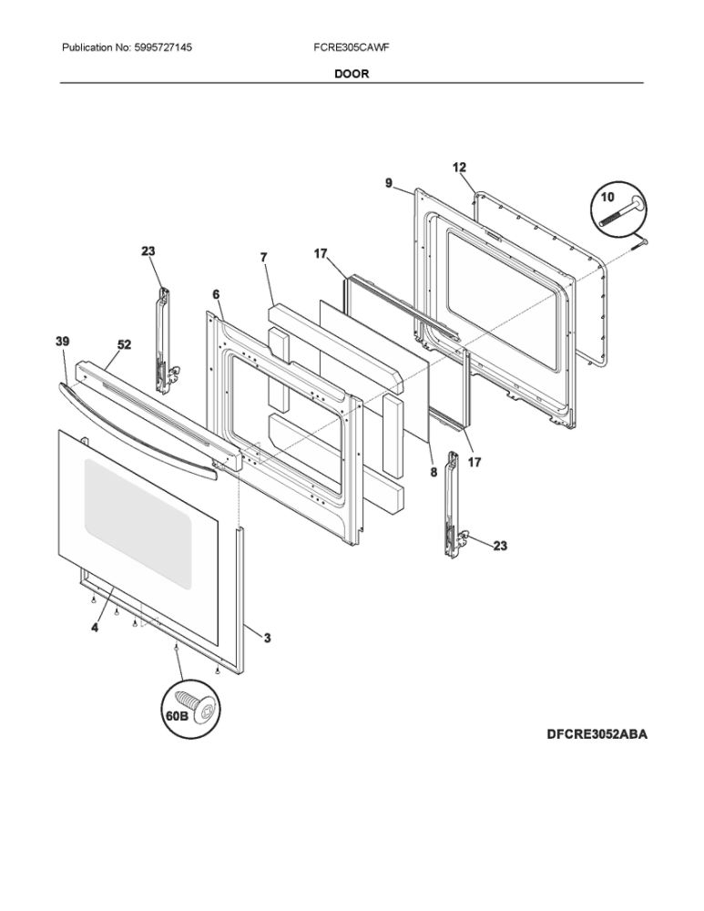 Door Diagram and Parts List for FCRE305CAWF  Frigidaire Range