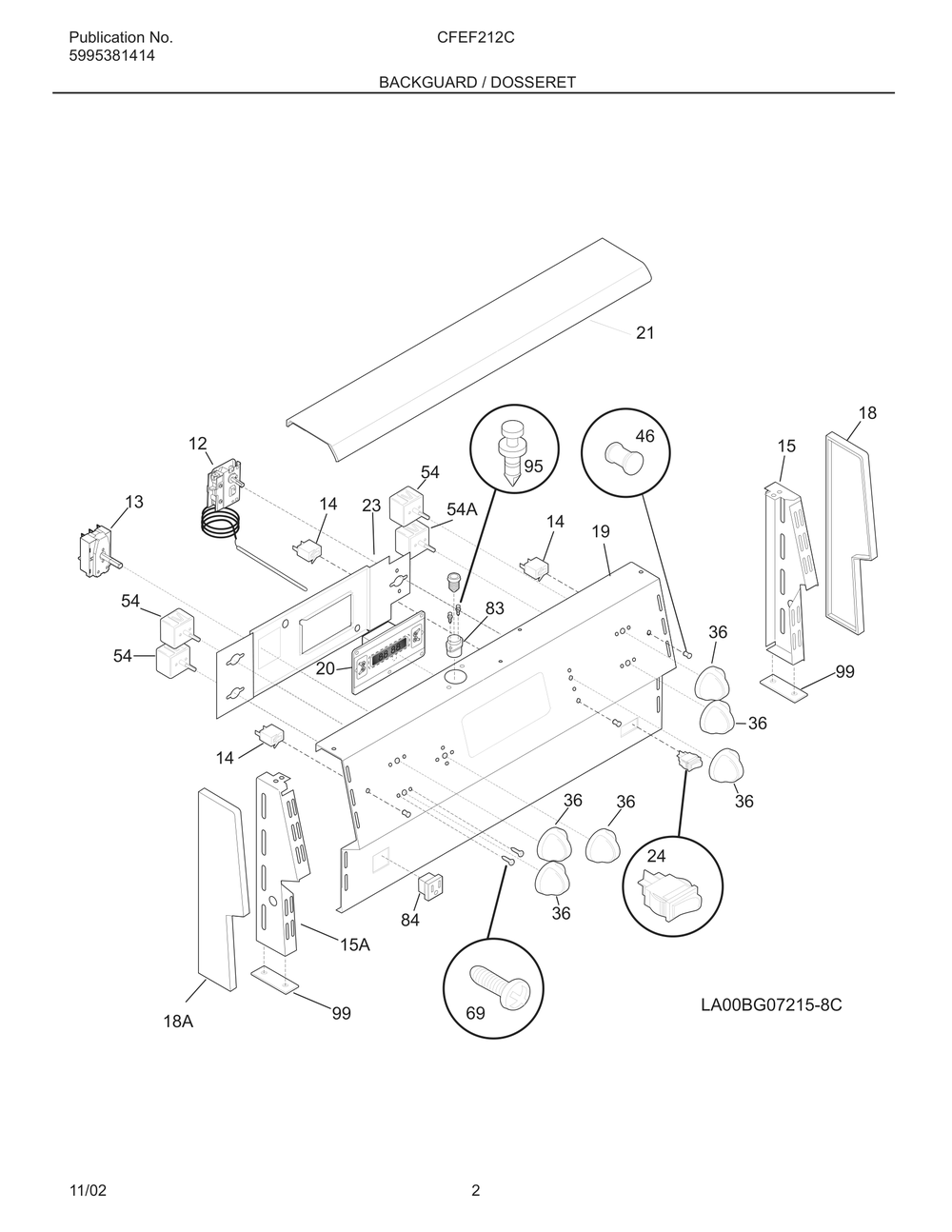 Backguard / Dosseret Diagram and Parts List for CFEF212CS1  Frigidaire Range