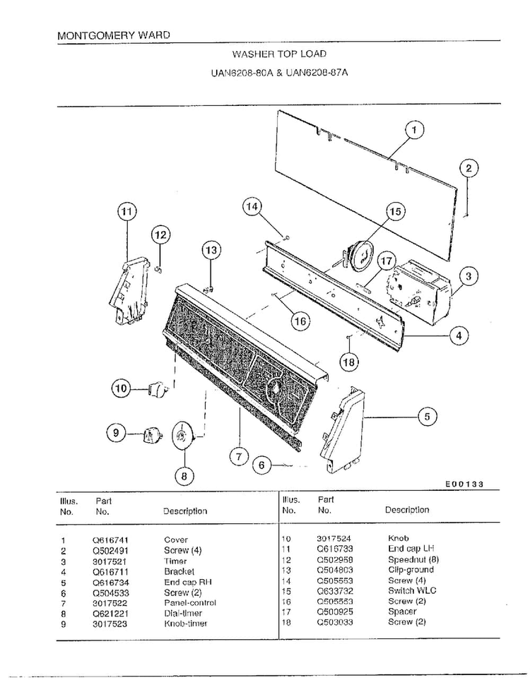 Washer Top Load Diagram and Parts List for 6208A  Frigidaire Washer