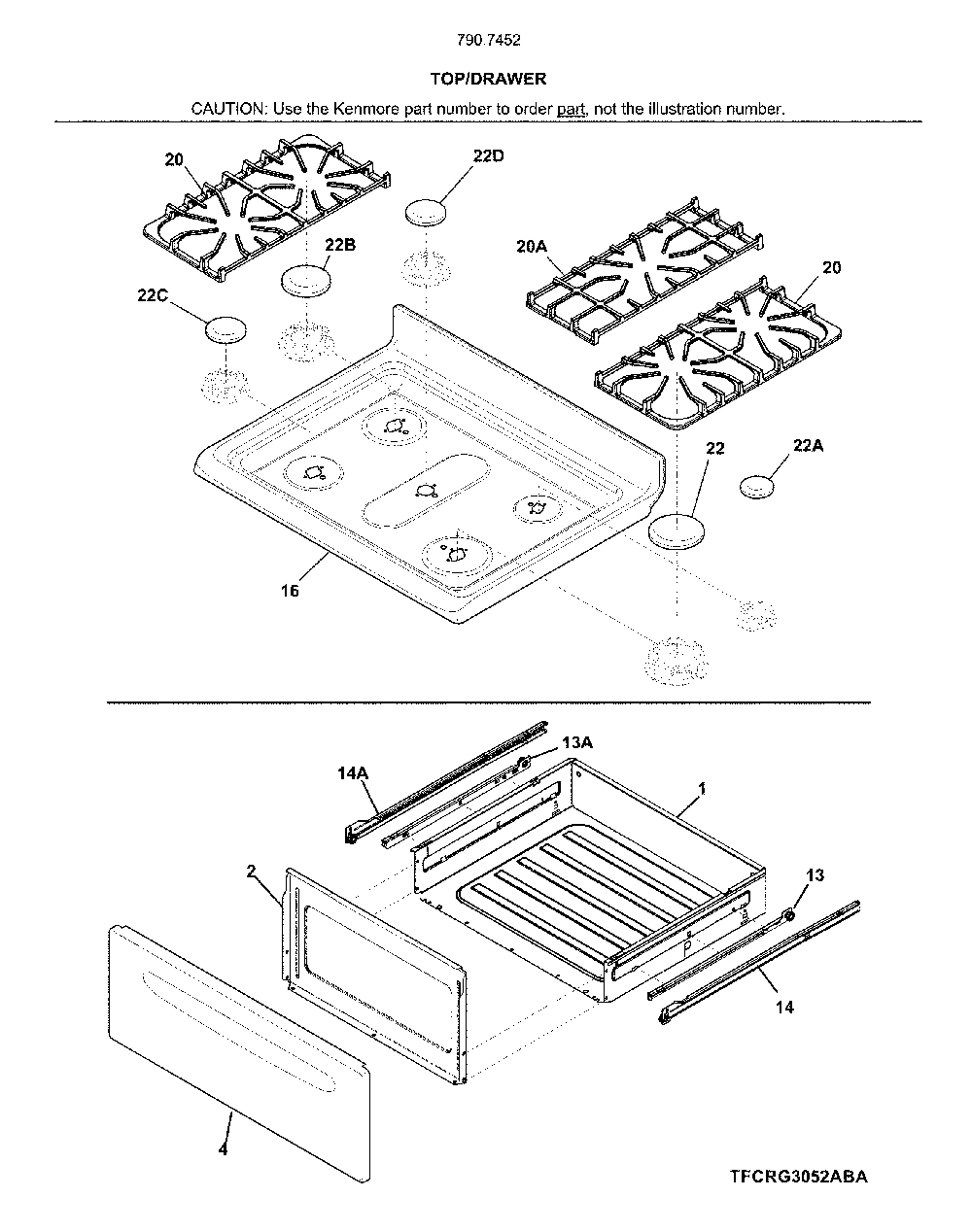 Top/drawer Diagram and Parts List for 79074529910  Kenmore Range