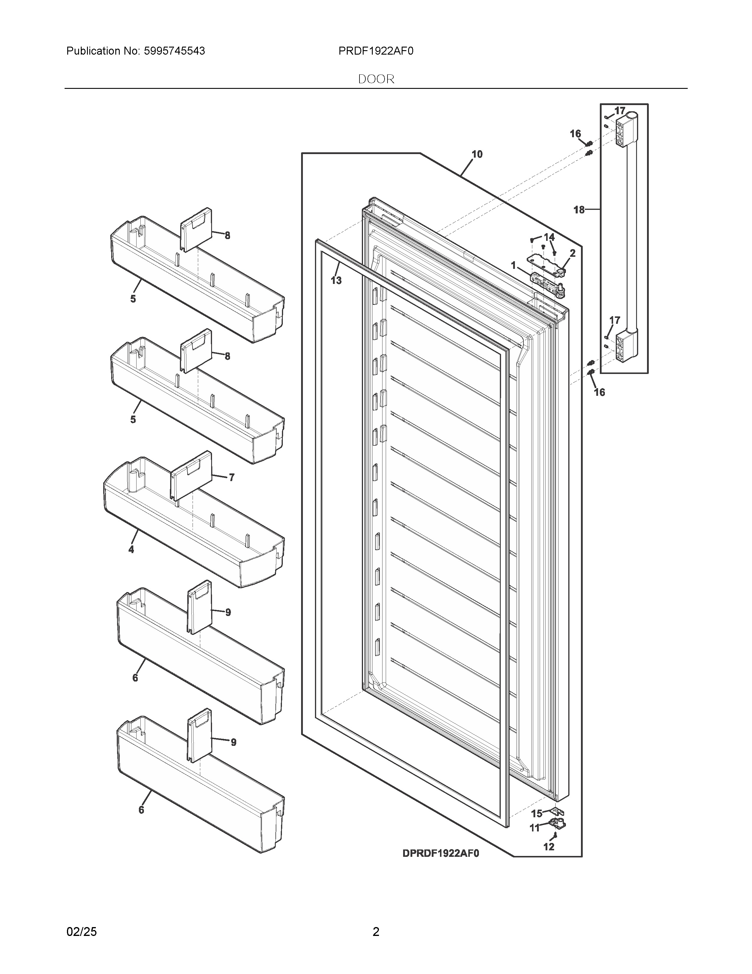 Door Diagram and Parts List for PRDF1922AF0  Frigidaire Freezer