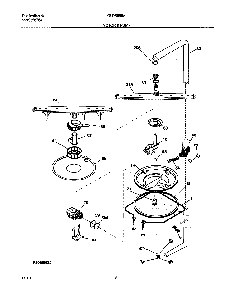 MOTOR & PUMP Diagram and Parts List for GLDB958AQ0  Frigidaire Dishwasher