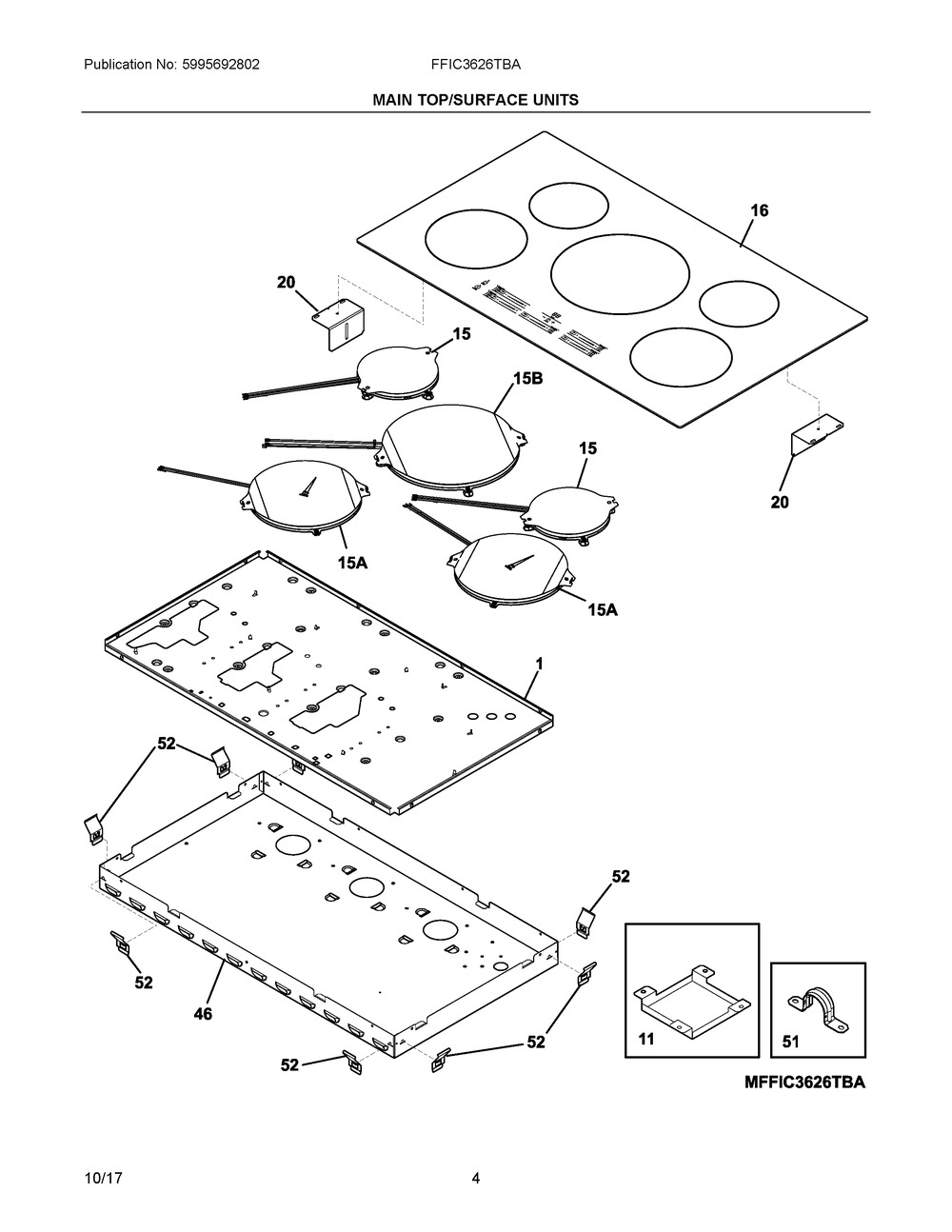 Main Top/surface Units Diagram and Parts List for FFIC3626TBA  Frigidaire Cooktop
