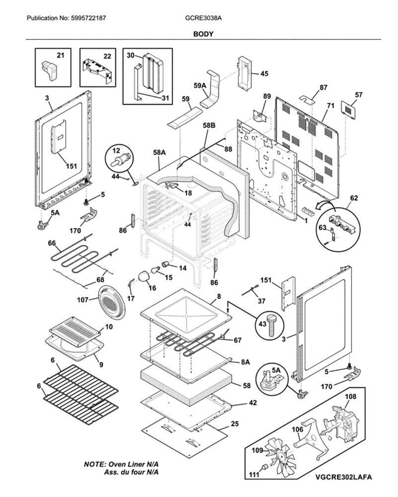 Body Diagram and Parts List for GCRE3038ADB  Frigidaire Range