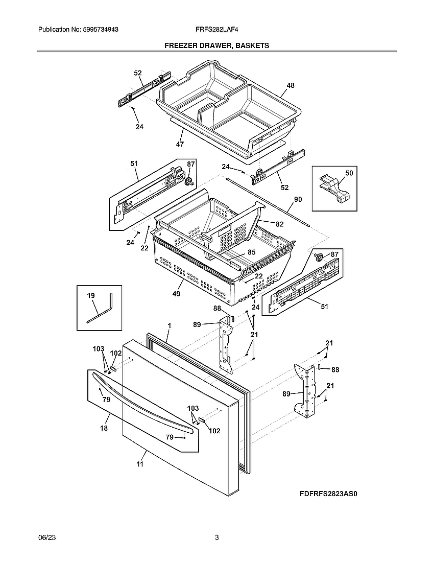 Freezer Drawer, Baskets Diagram and Parts List for FRFS282LAF4  Electrolux Refrigerator