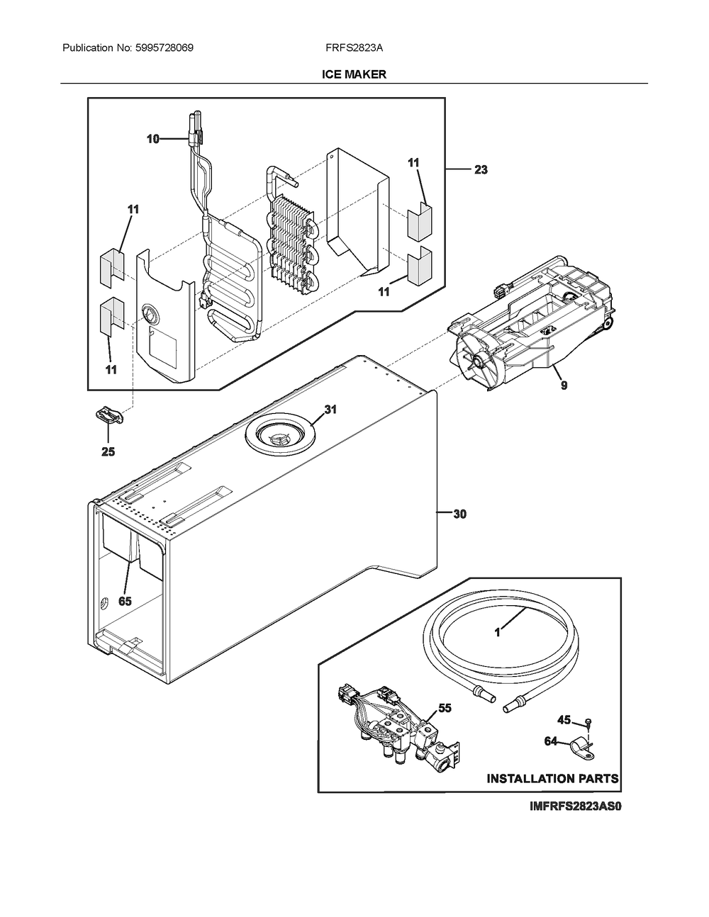 Ice Maker Diagram and Parts List for FRFS2823AS0  Frigidaire Refrigerator