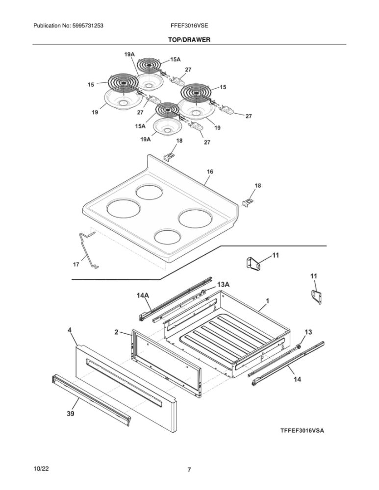 Top/Drawer Diagram and Parts List for FFEF3016VSE  Frigidaire Range