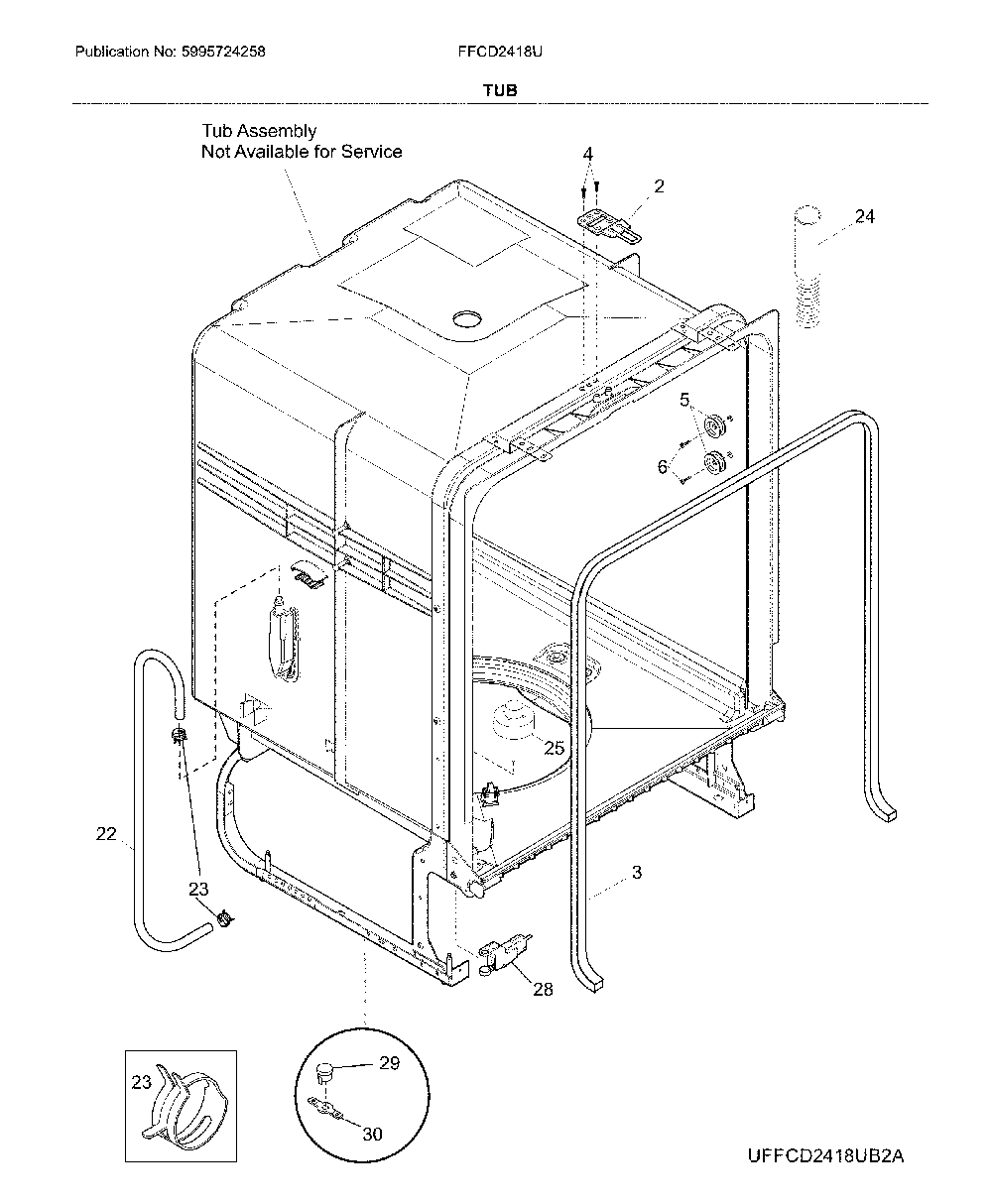 Tub Diagram and Parts List for FFCD2418UB3A  Frigidaire Dishwasher