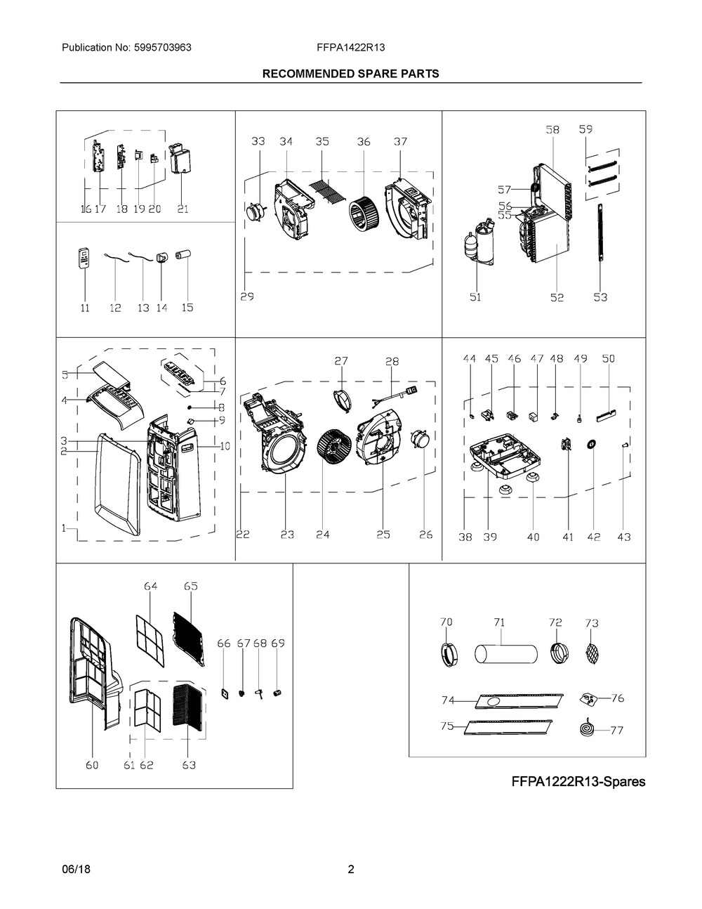 Recommended Spare Parts Diagram and Parts List for FFPA1422R13  Frigidaire Air Conditioner