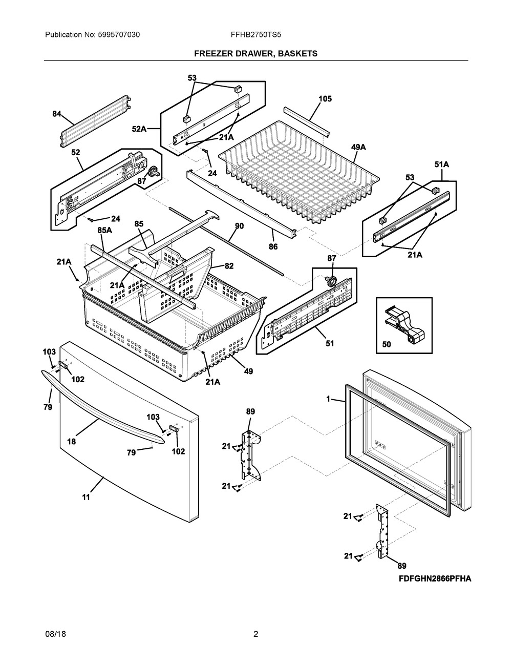 Freezer Drawer, Baskets Diagram and Parts List for FFHB2750TS5  Frigidaire Refrigerator