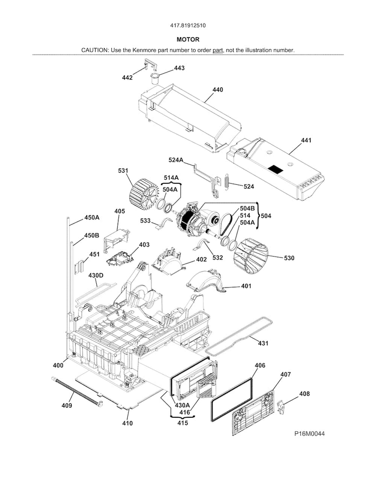 Motor Diagram and Parts List for 41781912510  Kenmore Dryer