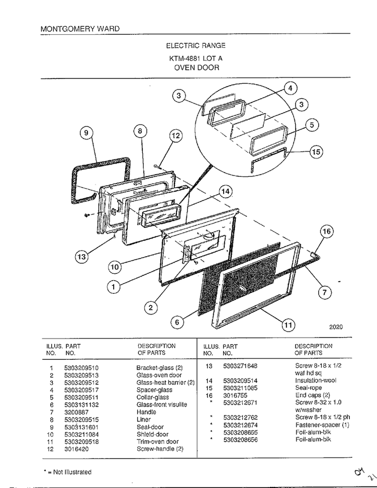 Oven Door Diagram and Parts List for 4881  Frigidaire Range