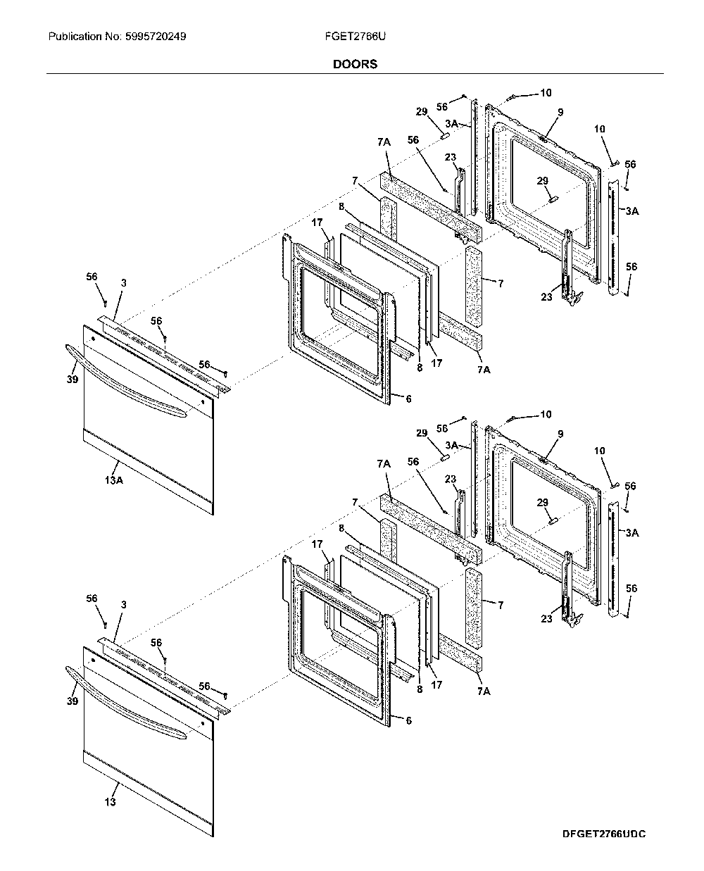 Door Diagram and Parts List for FGET2766UDC  Frigidaire Wall Oven