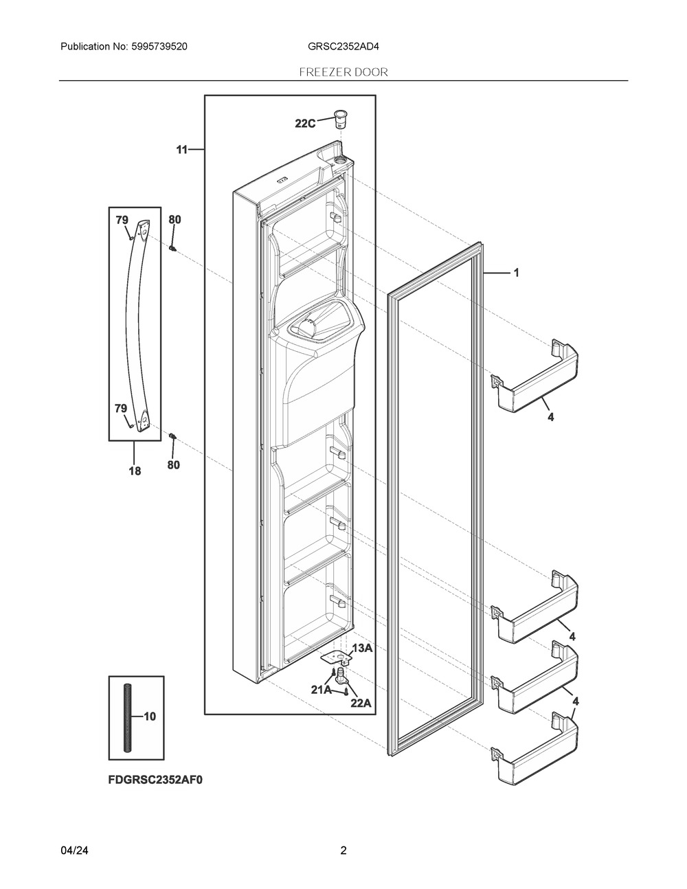 Freezer Door Diagram and Parts List for GRSC2352AD4  Frigidaire Refrigerator