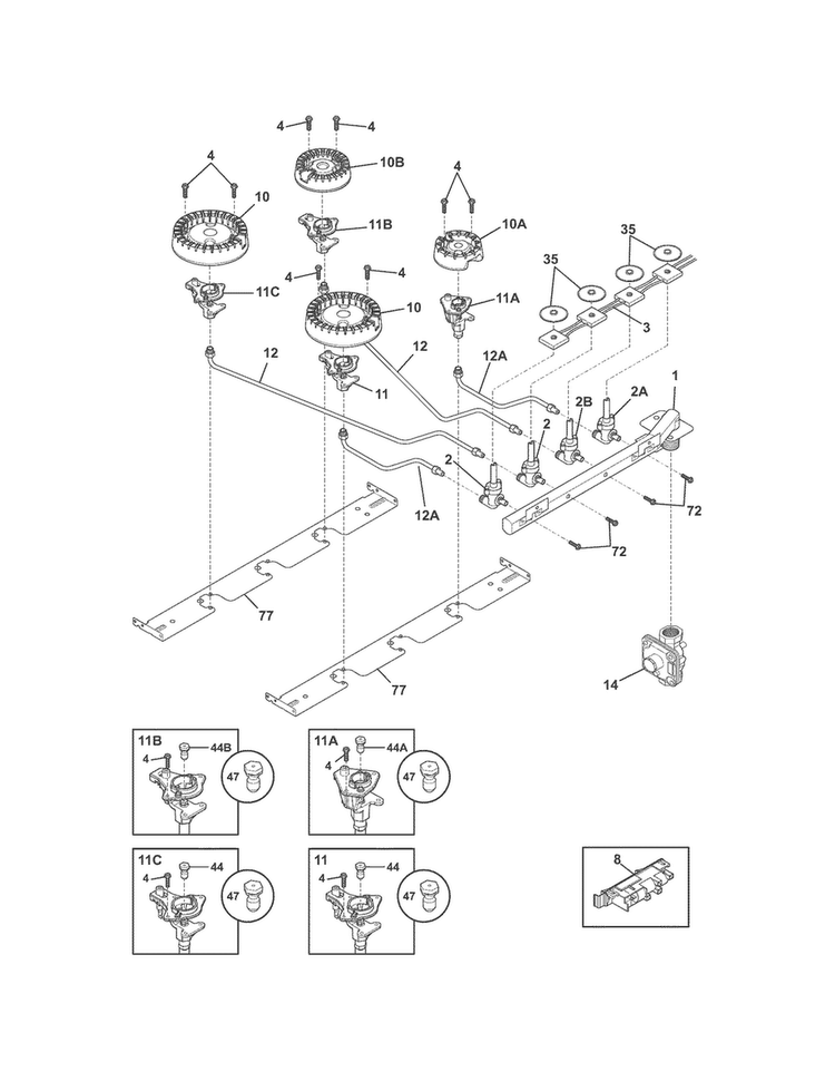 Burner Diagram and Parts List for E30GC70FSS2  Electrolux Cooktop