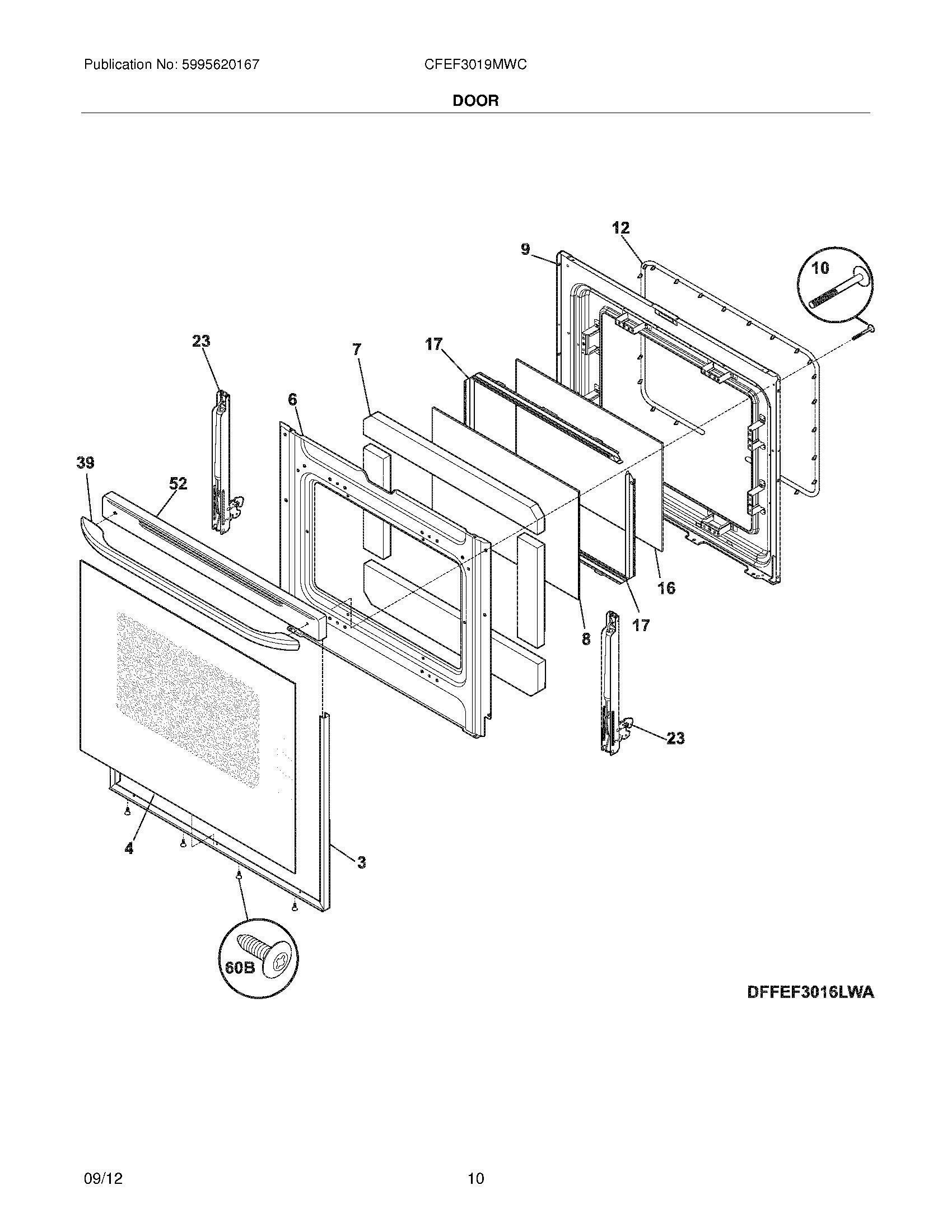 09 - DOOR Diagram and Parts List for CFEF3019MWC  Frigidaire Range