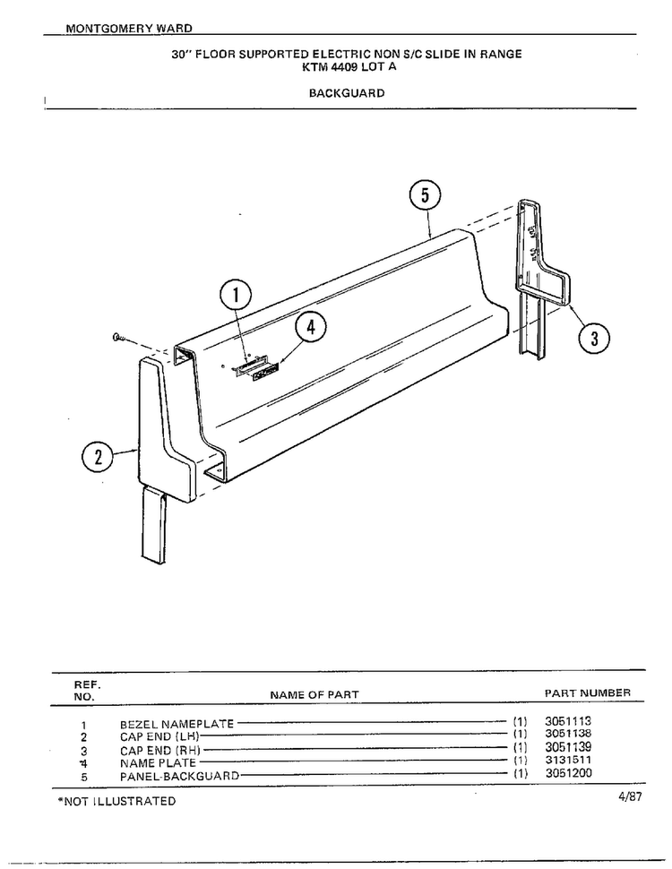 30" Floor Supported Backguard Diagram and Parts List for 4409A  Frigidaire Range