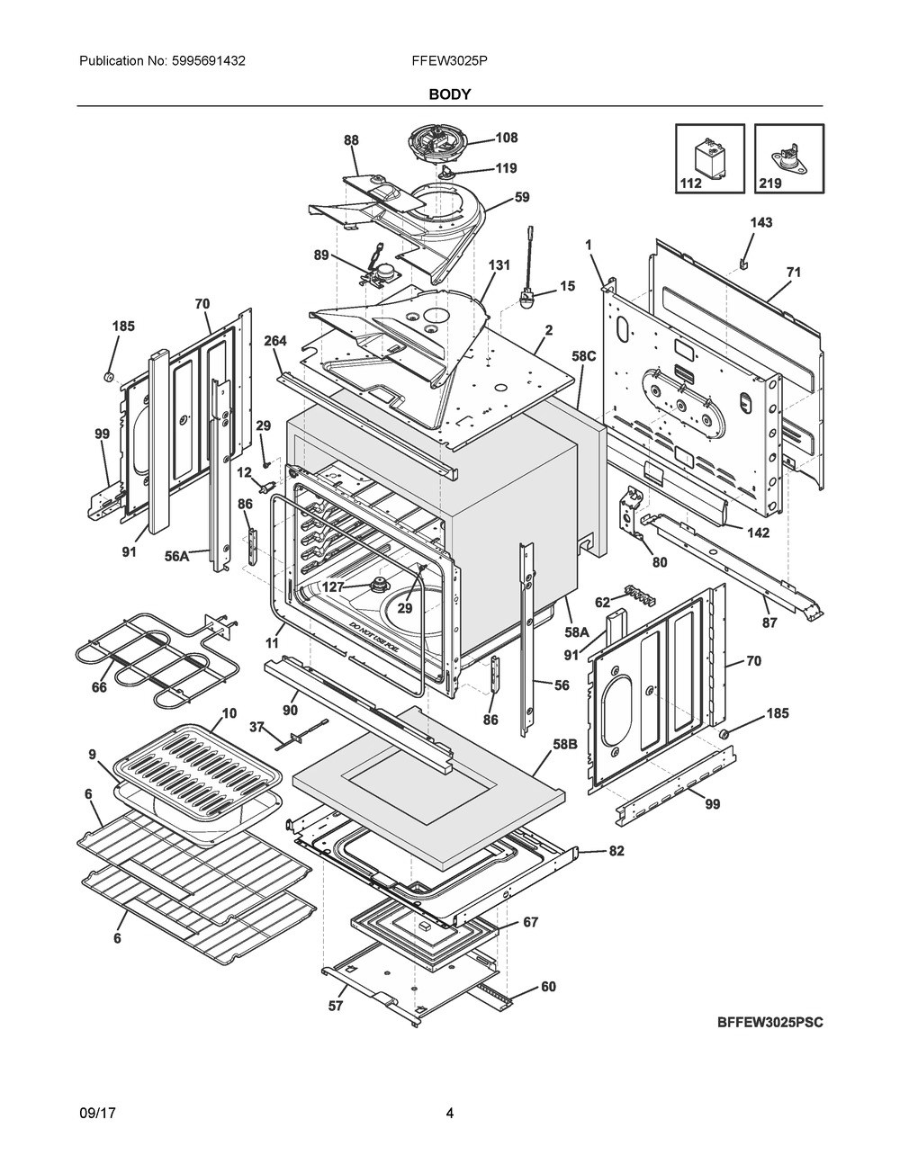 Body Diagram and Parts List for FFEW3025PWD  Frigidaire Wall Oven
