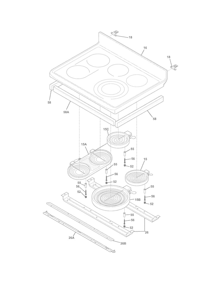 Main Top Diagram and Parts List for CGEF308TNF1  Frigidaire Range