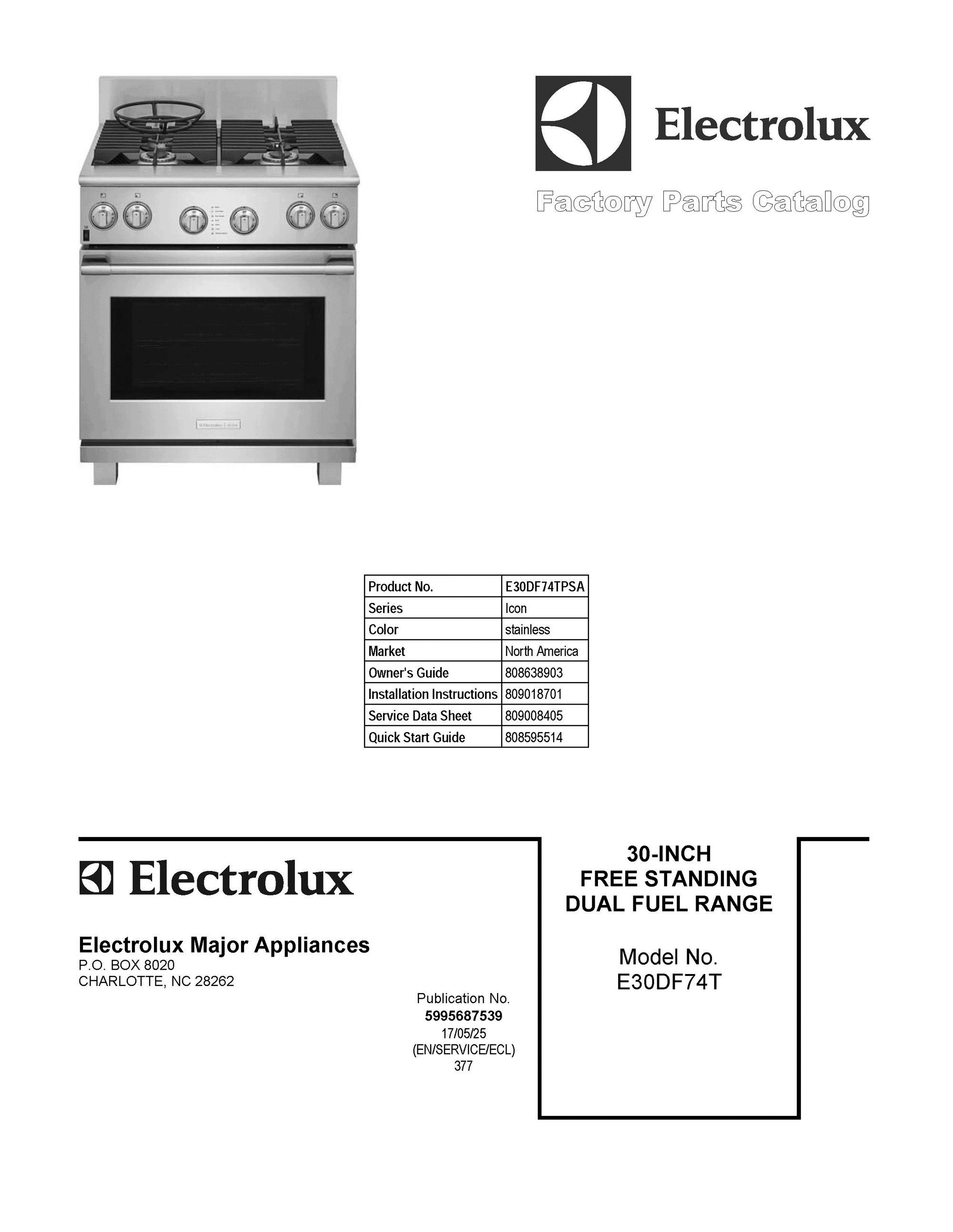 01 - COVER SHEET Diagram and Parts List for E30DF74TPSA  Frigidaire Range