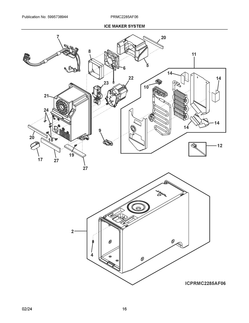 Ice Maker System Diagram and Parts List for PRMC2285AF06  Frigidaire Refrigerator