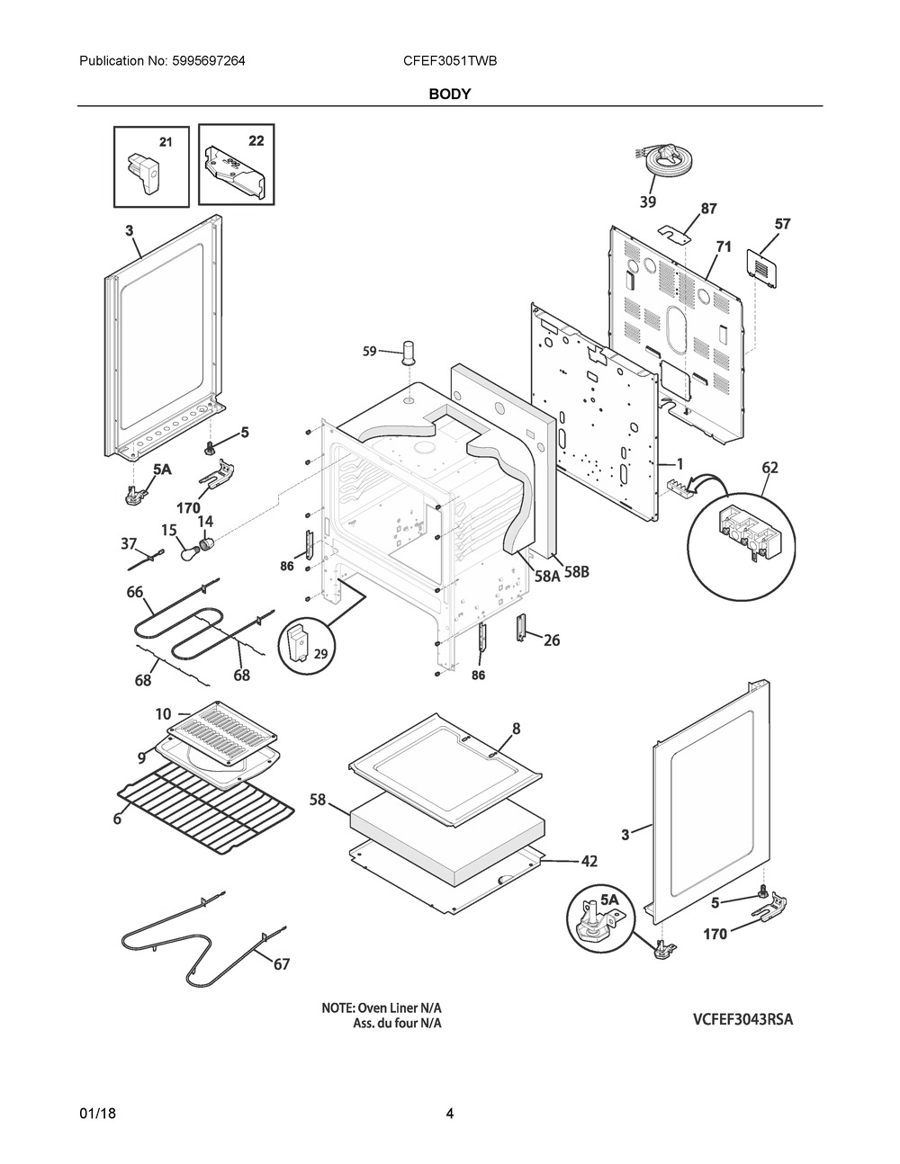 Body Diagram and Parts List for CFEF3051TWB  Frigidaire Range