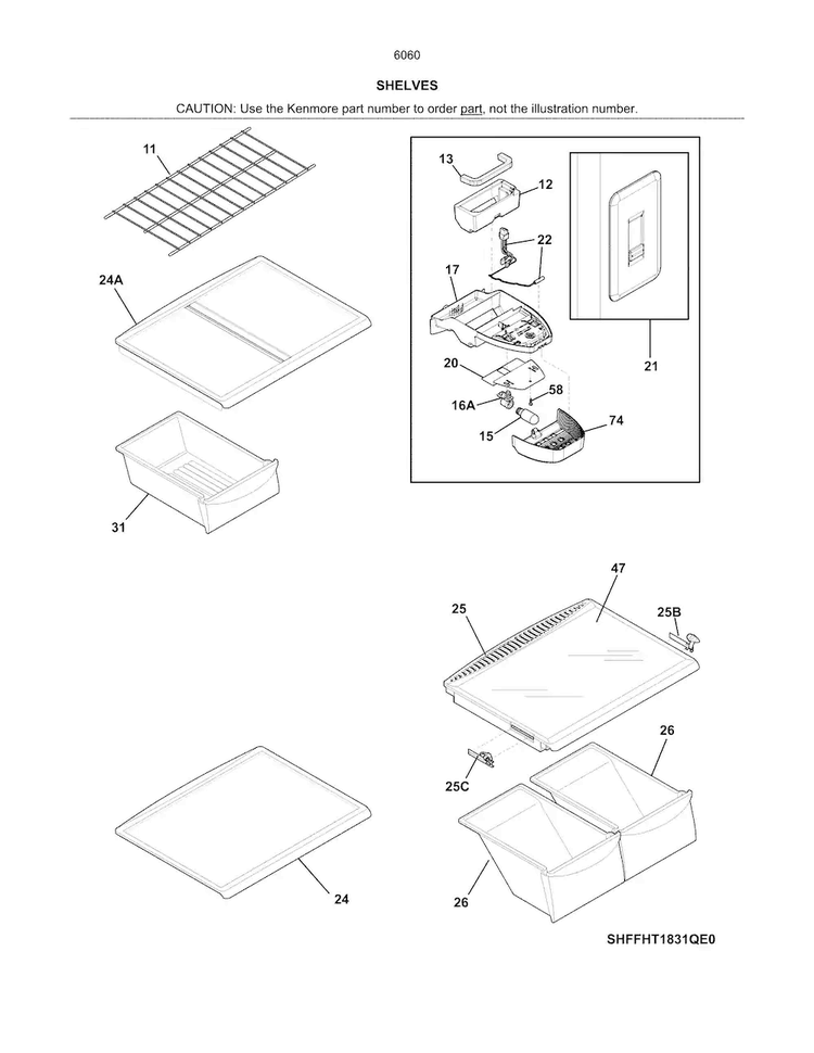 Shelves Diagram and Parts List for 25360603415  Kenmore Refrigerator