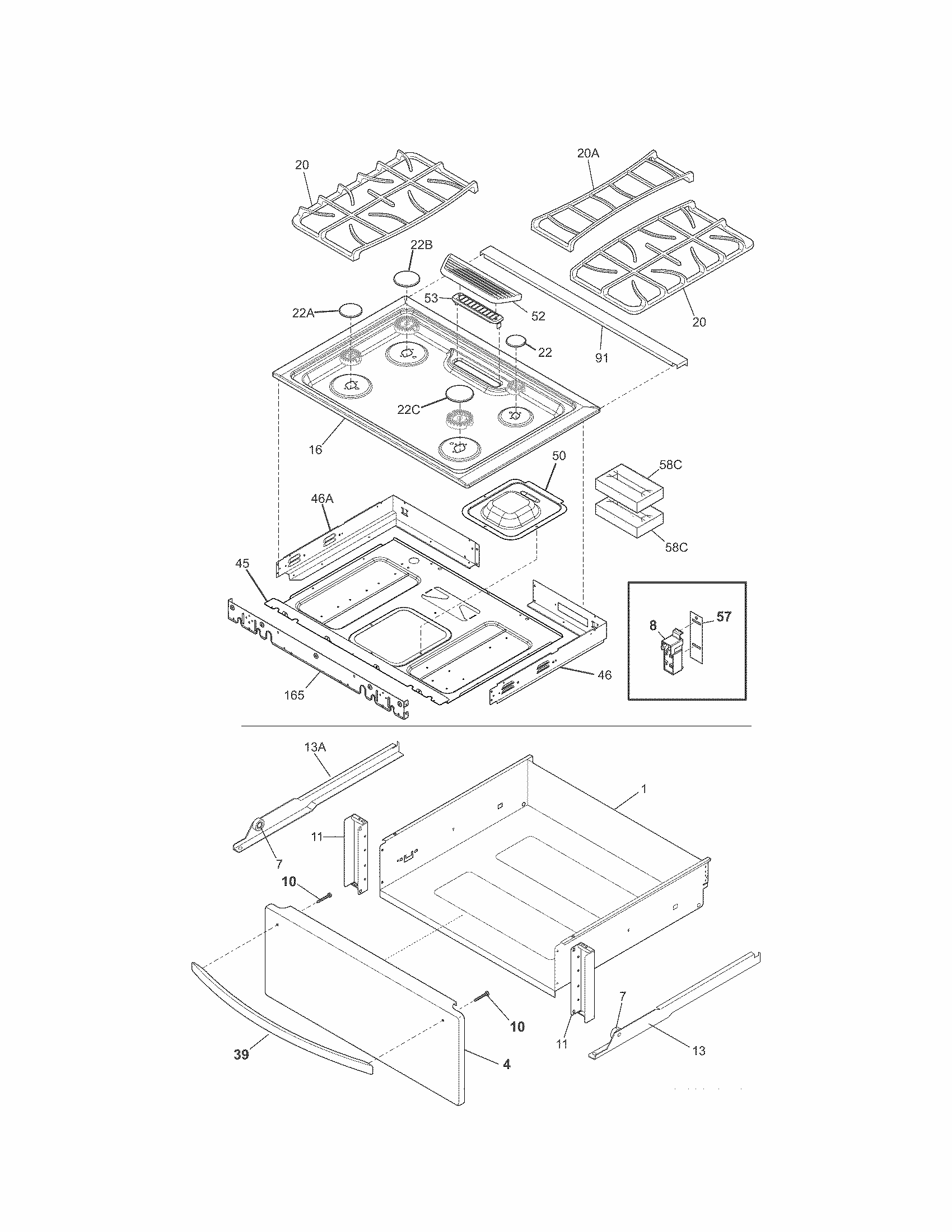 Top/drawer Diagram and Parts List for 79036933905  Kenmore Range