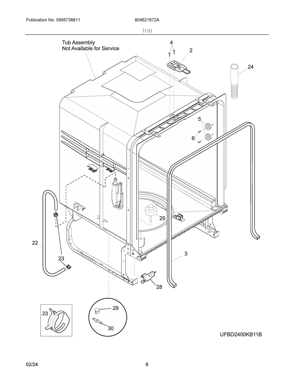 Tub Diagram and Parts List for 804621672A  Frigidaire Dishwasher