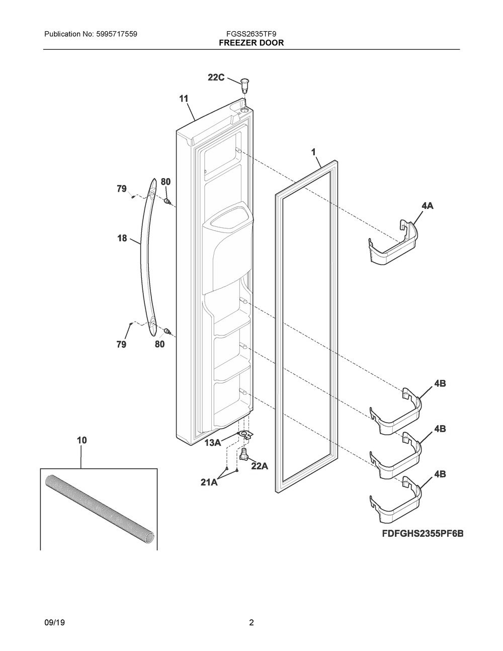 Freezer Door Diagram and Parts List for FGSS2635TF9  Frigidaire Refrigerator