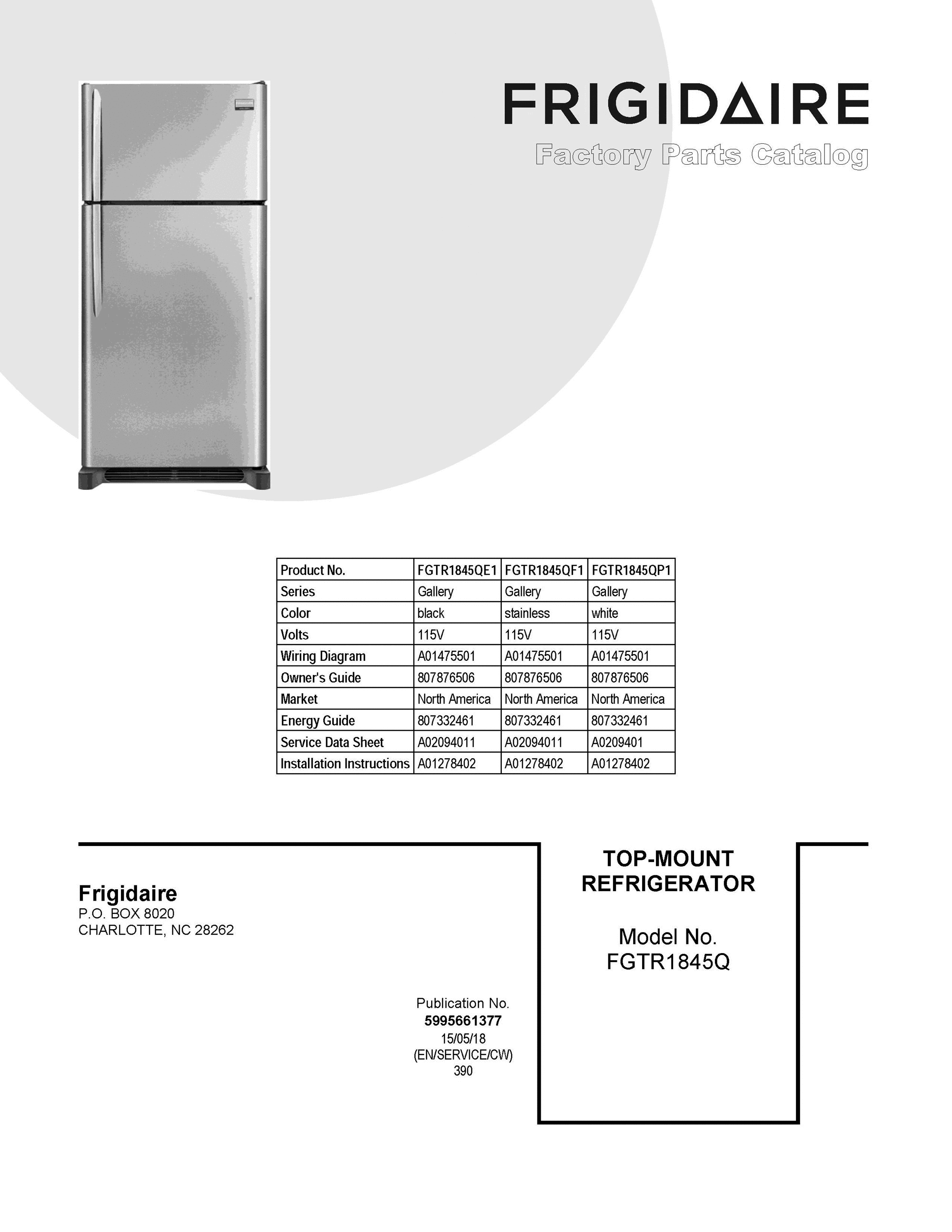 01 - COVER SHEET Diagram and Parts List for FGTR1845QP1  Frigidaire Refrigerator
