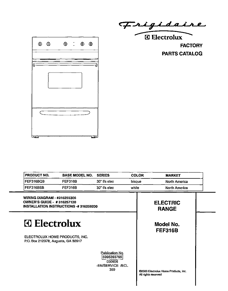 COVER Diagram and Parts List for FEF316BSB  Frigidaire Range
