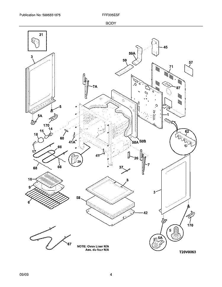 BODY Diagram and Parts List for FFF335ESF  Frigidaire Range