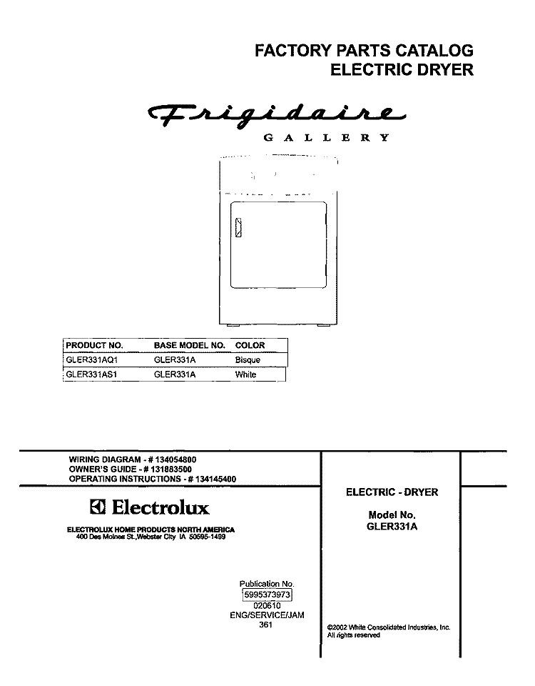 COVER Diagram and Parts List for GLER331AQ1  Frigidaire Dryer