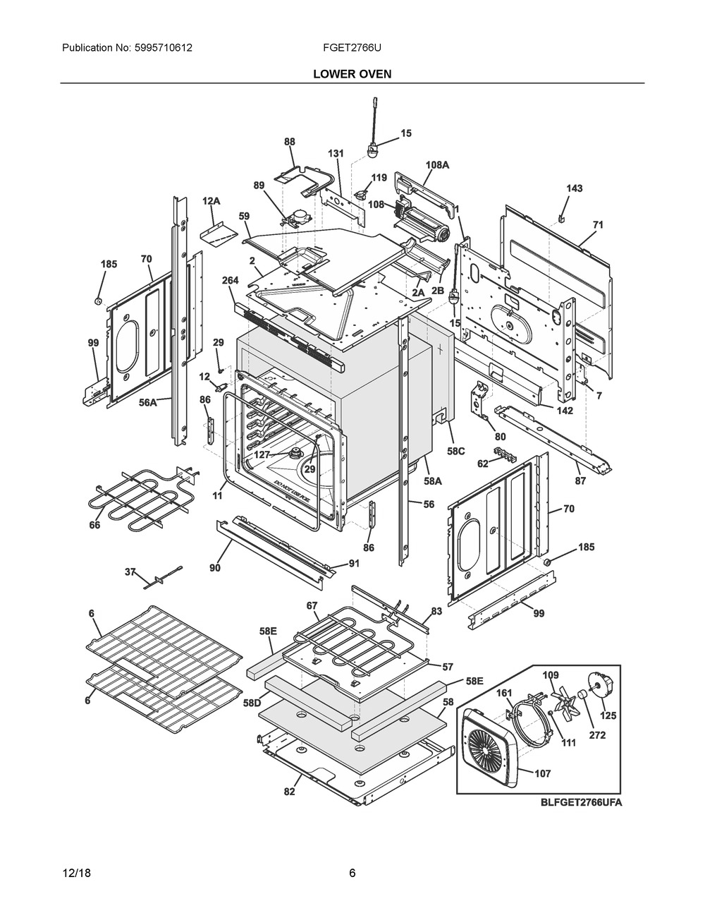 Lower Oven Diagram and Parts List for FGET2766UDA  Frigidaire Wall Oven