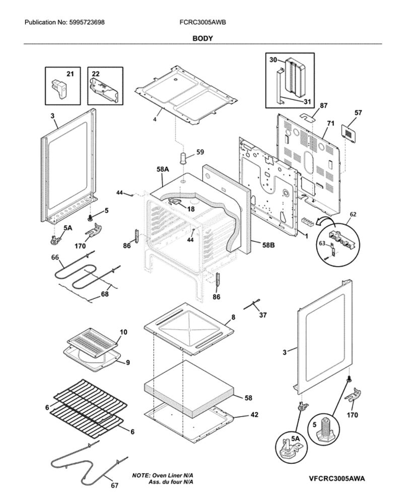 Body Diagram and Parts List for FCRC3005AWB  Frigidaire Range
