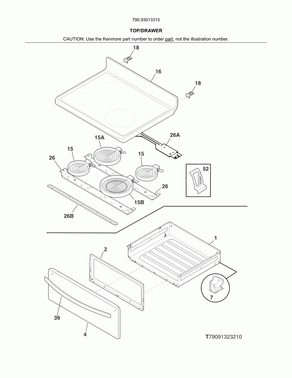 Top/drawer Diagram and Parts List for 79093013315  Kenmore Range