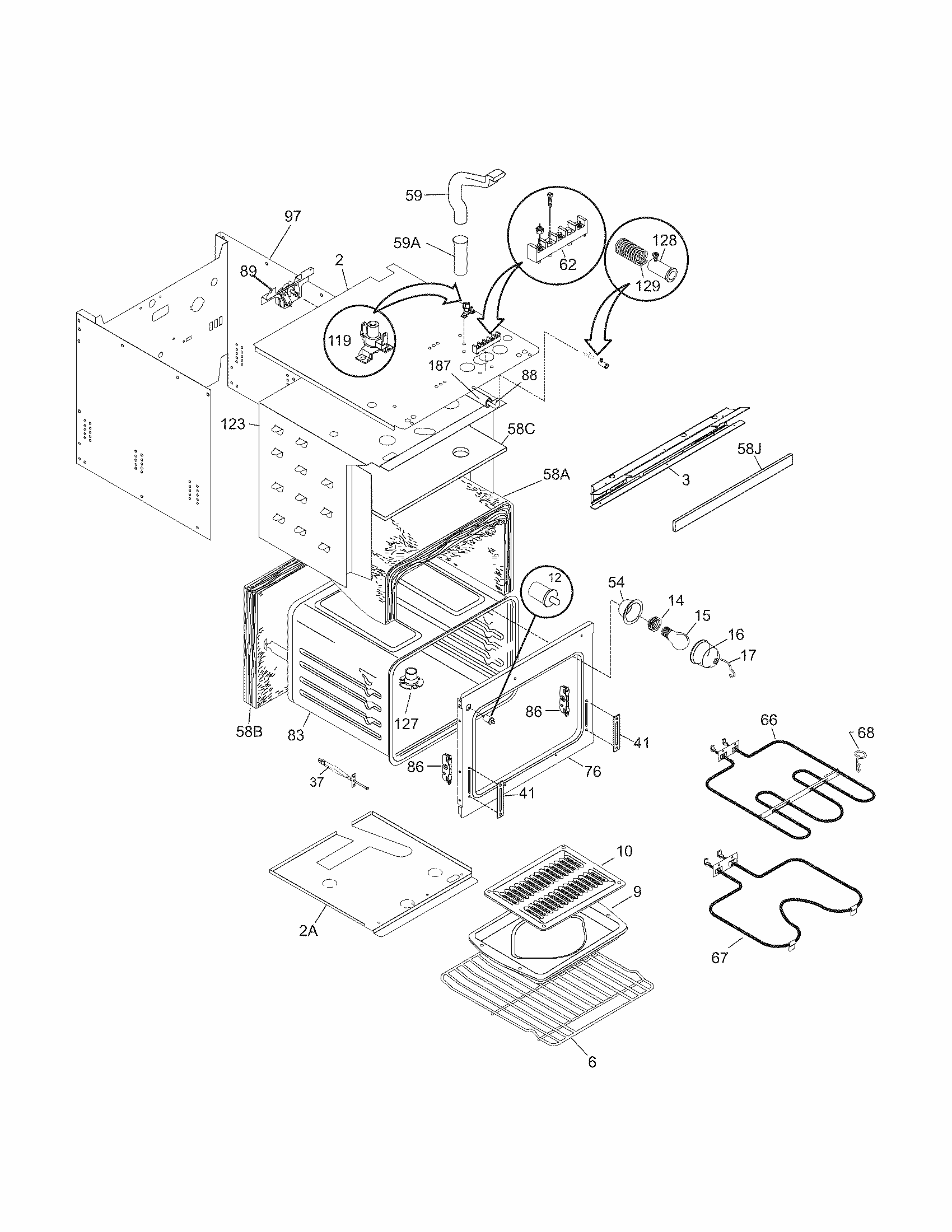 Upper Oven Diagram and Parts List for 79041393401  Kenmore Wall Oven