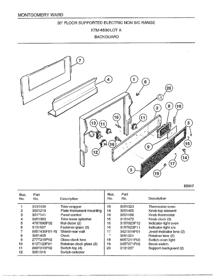 30" Range/backguard Diagram and Parts List for 4530A  Frigidaire Range
