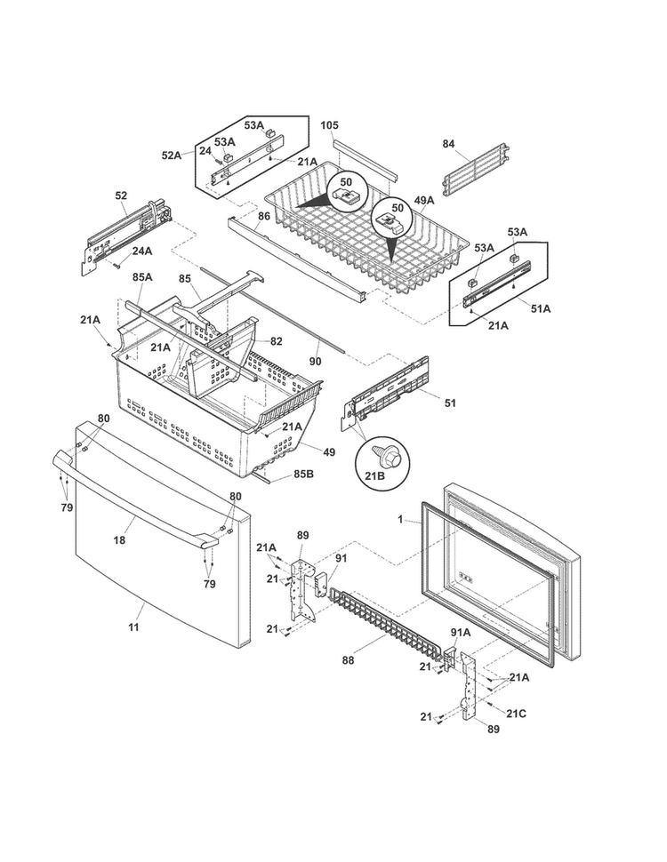 Freezer Drawer/baskets Diagram and Parts List for EI23BC65KS5  Electrolux Refrigerator