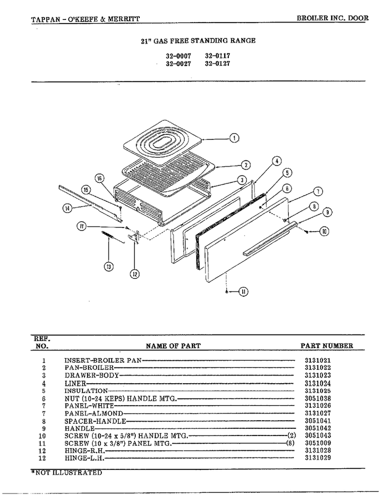 Broiler Door Diagram and Parts List for 32-0127  Frigidaire Range