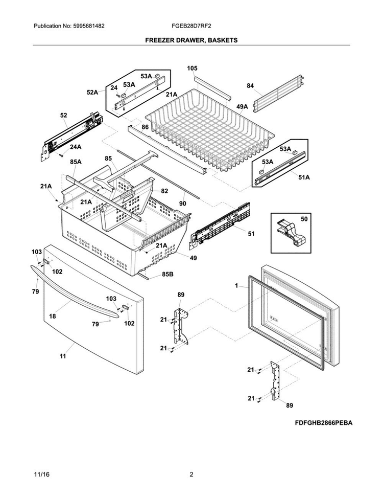 Freezer Drawer, Baskets Diagram and Parts List for FGEB28D7RF2  Frigidaire Refrigerator