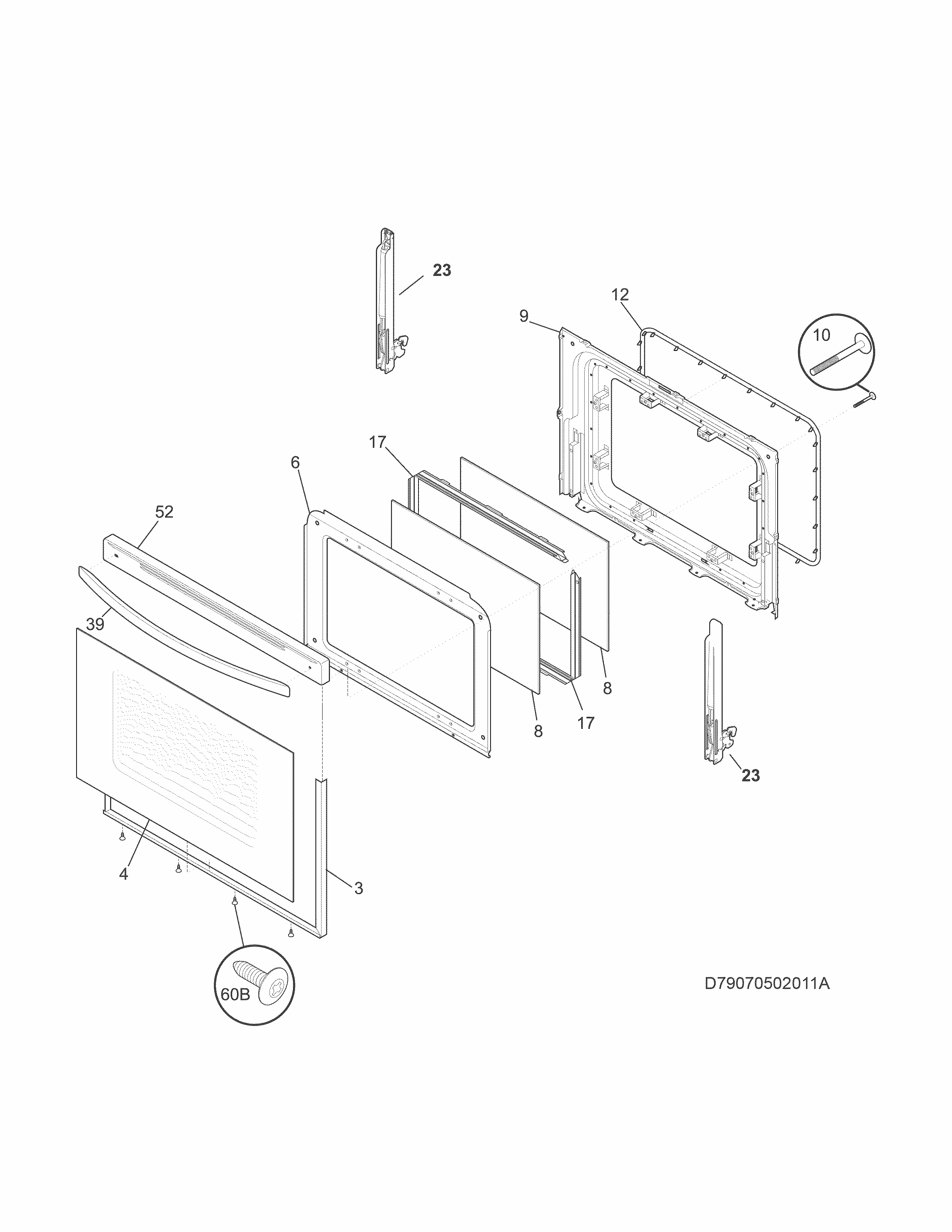 Door Diagram and Parts List for 79093012312  Kenmore Range