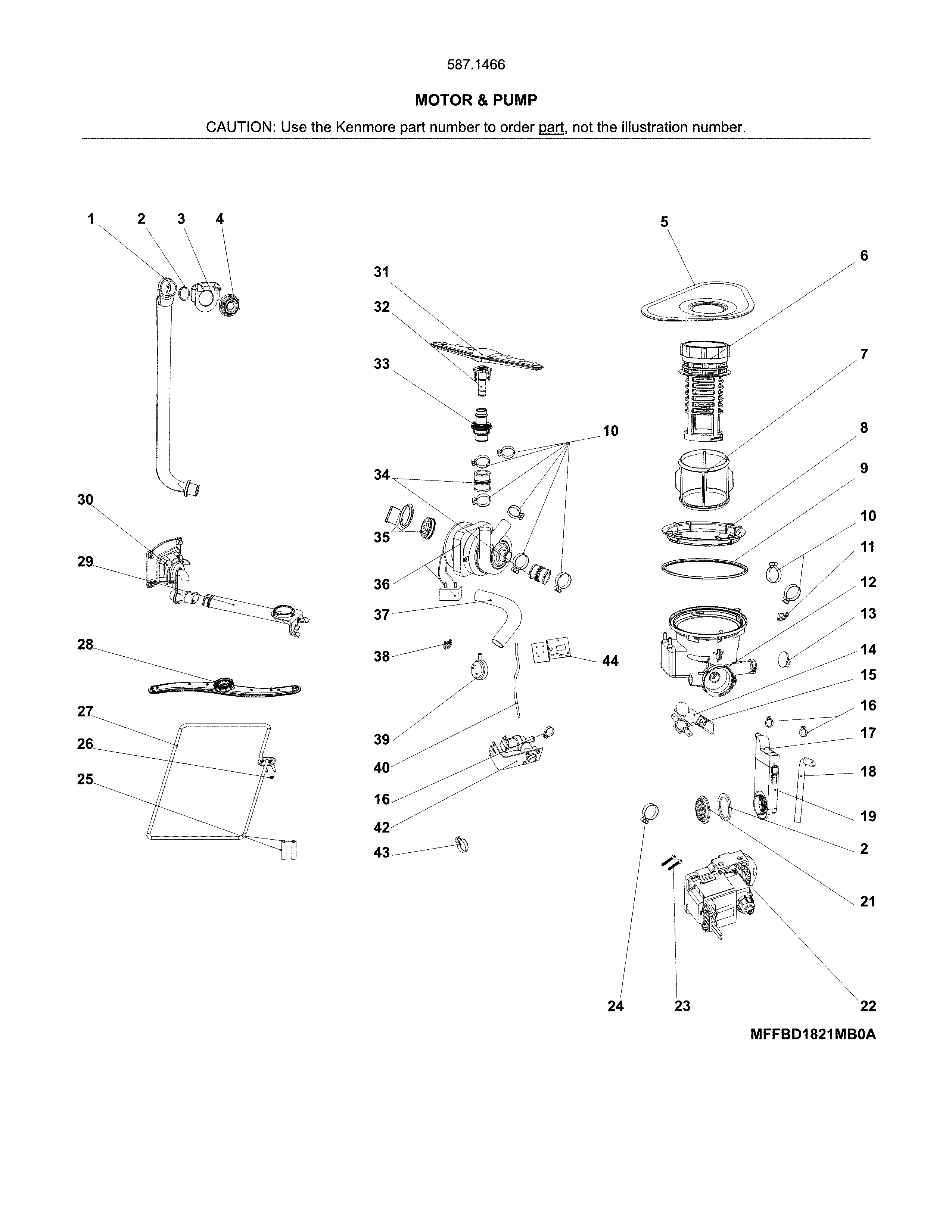 Motor & Pump Diagram and Parts List for 58714662201B  Kenmore Dishwasher