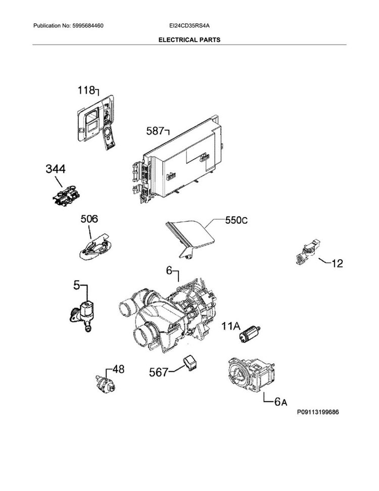Electrical Parts Diagram and Parts List for EI24CD35RS4A  Electrolux Dishwasher